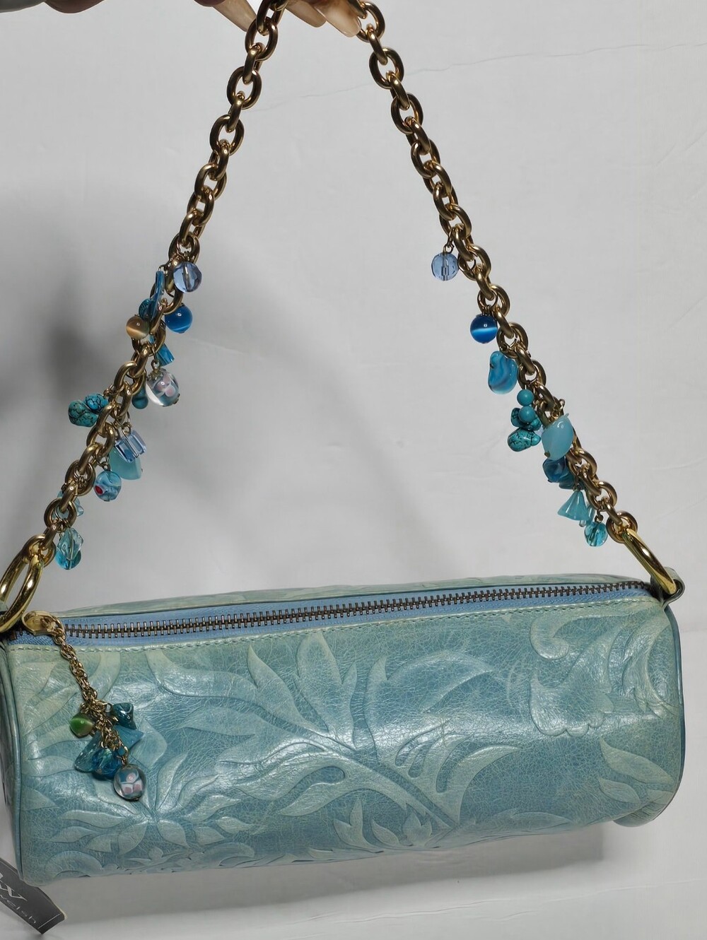 NWT Helen Welsh Barrel Purse Aqua Blue Green Gold Link Chain w/ Charms